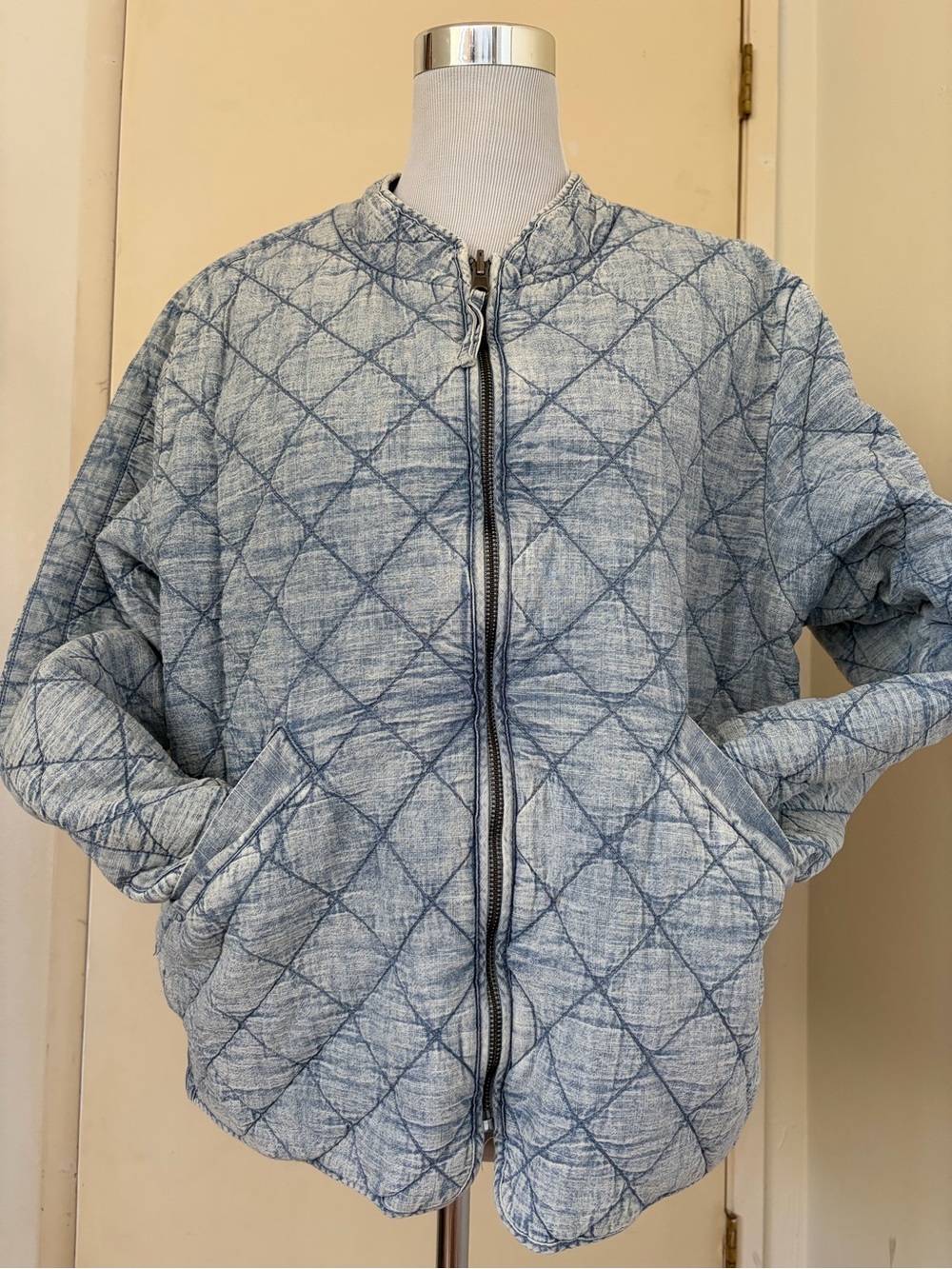 Light Blue Quilted Bomber Jacket - Women's